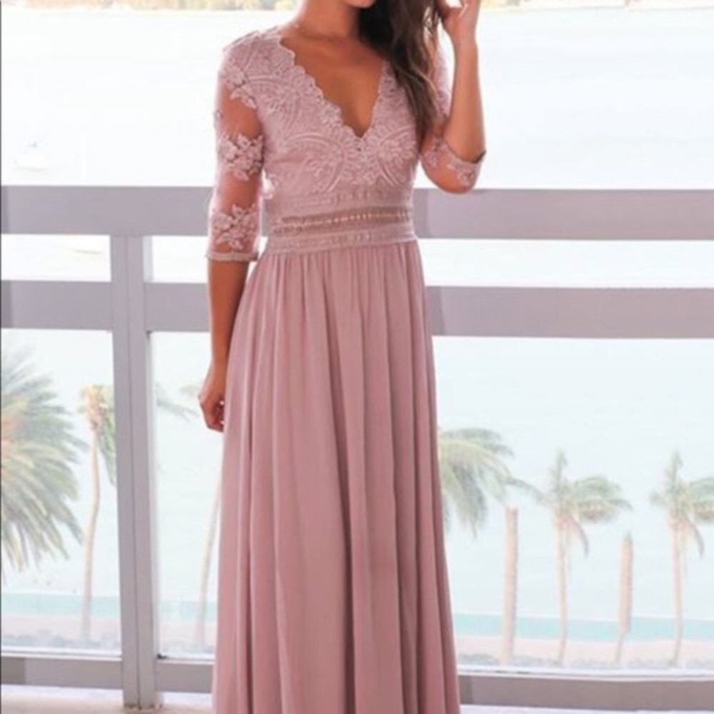 Lace Mauve Maxi Formal Dress Quarter Sleeve Size L